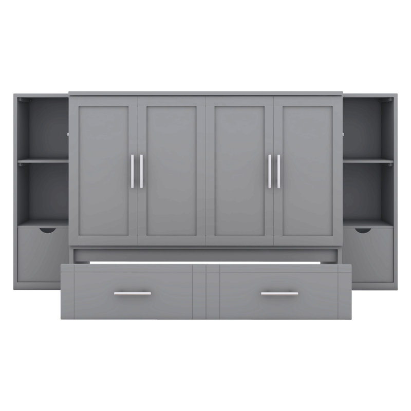Lit escamotable avec tablettes, tiroirs et ports USB Murphy, Gris, Lit double