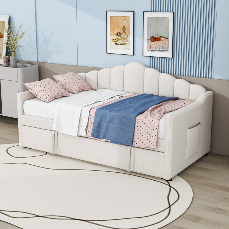 Twin Upholstered Daybed with Pop Up Trundle, USB Port and Side Pockets, Beige
