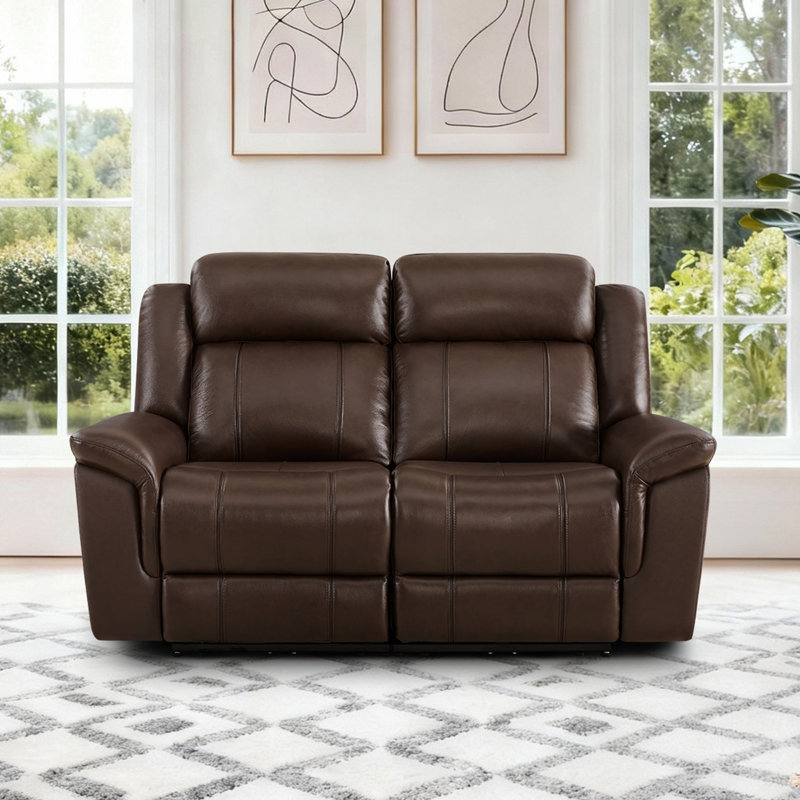 2-Seat Dual Motor zero clearence recliner Genuine Leather Power Recliner Sofa With Power Headrest, Dark Brown