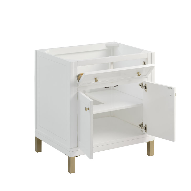 Base de meuble-lavabo simple l 30 po Chicago, Blanc lustré, Laiton champagne