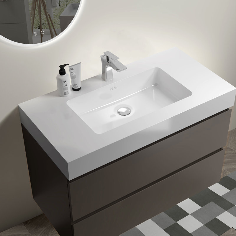 Meuble-lavabo de 36 po avec lavabo - installation murale grise moderne, rangement à double tiroir, dispositif silencieux, poignée élégante - Fragment, optimiseur, appareil, contemporain
