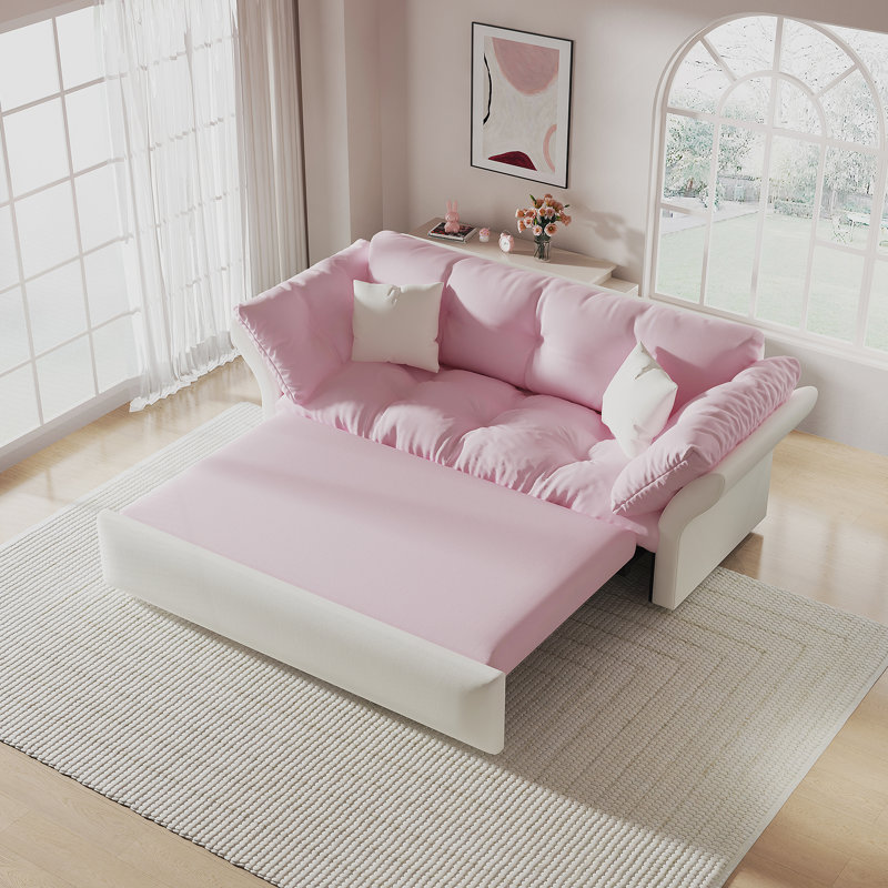 Grand canapé-lit escamotable, canapé-lit capitonné convertible 3-en-1, Blanc / Rose