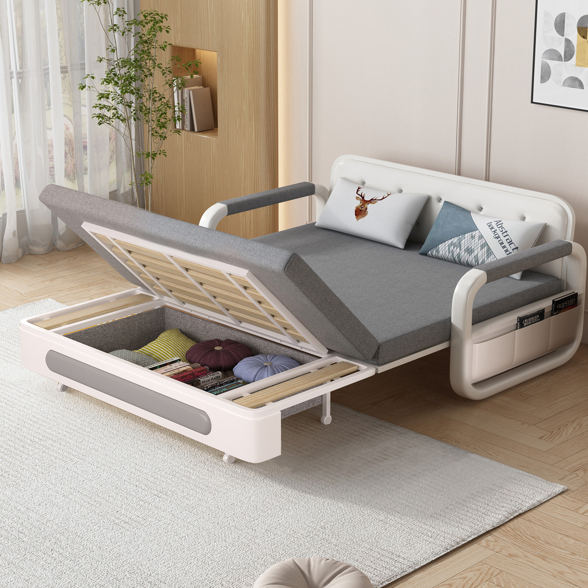 LumivoxNest Double Sofa Bed with Storage, Grey Linen Blend Removable