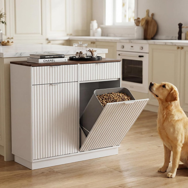 Tilt Out Trash Can Cabinet Double 20 Gallons Laundry Hamper Cabinet with 2 Drawers