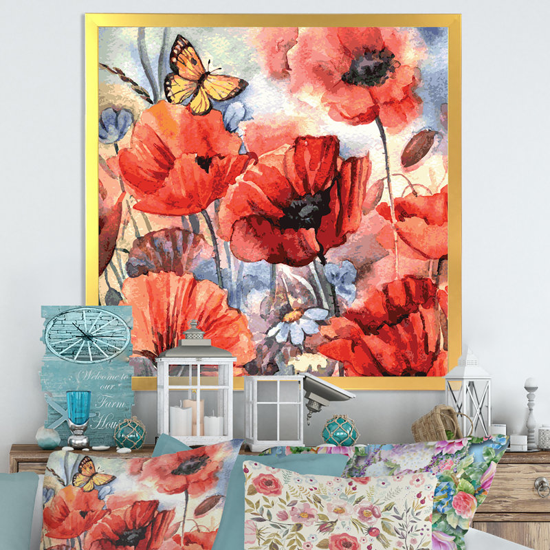 «Abstract Poppies Flower», reproduction d'art sur toile encadrée, H 16 po x l 16 po x P 1 po, Cadre photo doré