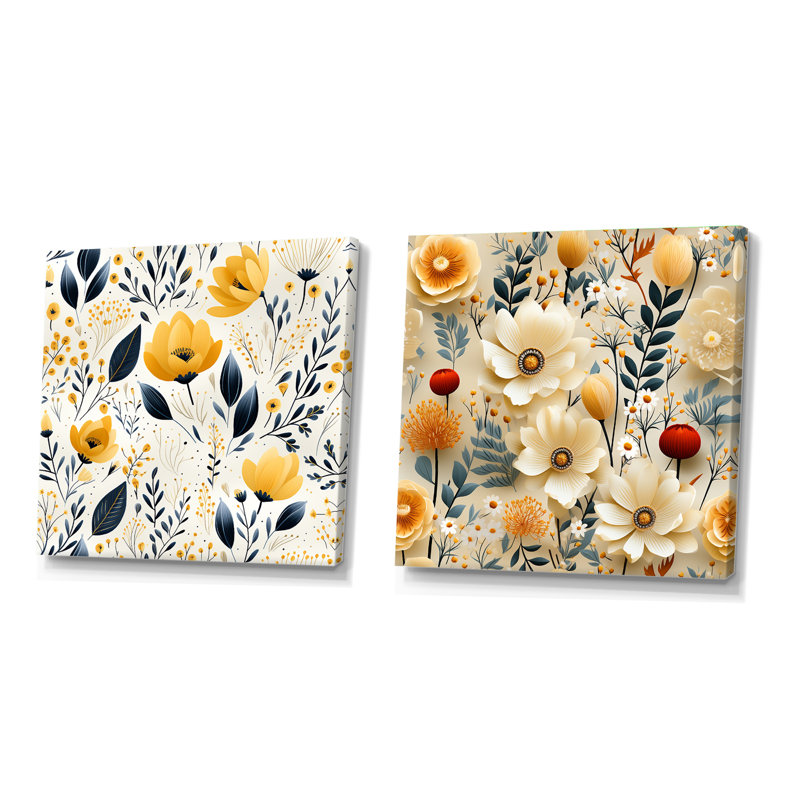 Erwan - Ensemble de 2 collages carrés botaniques abstraits, H 36 po x l 73 po, Toile tendue