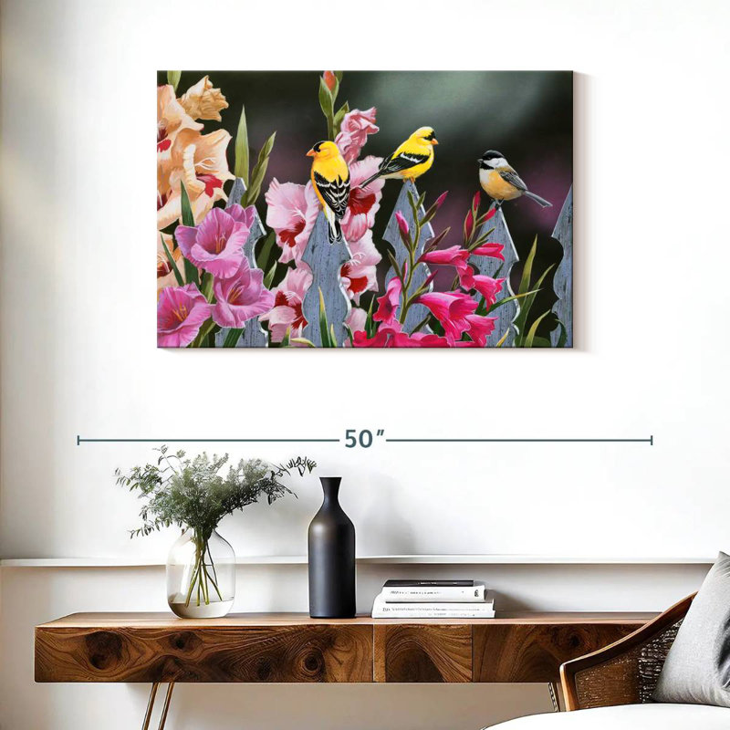 Brampt Feathered Friends And Gladiolus, 24" H x 36" W