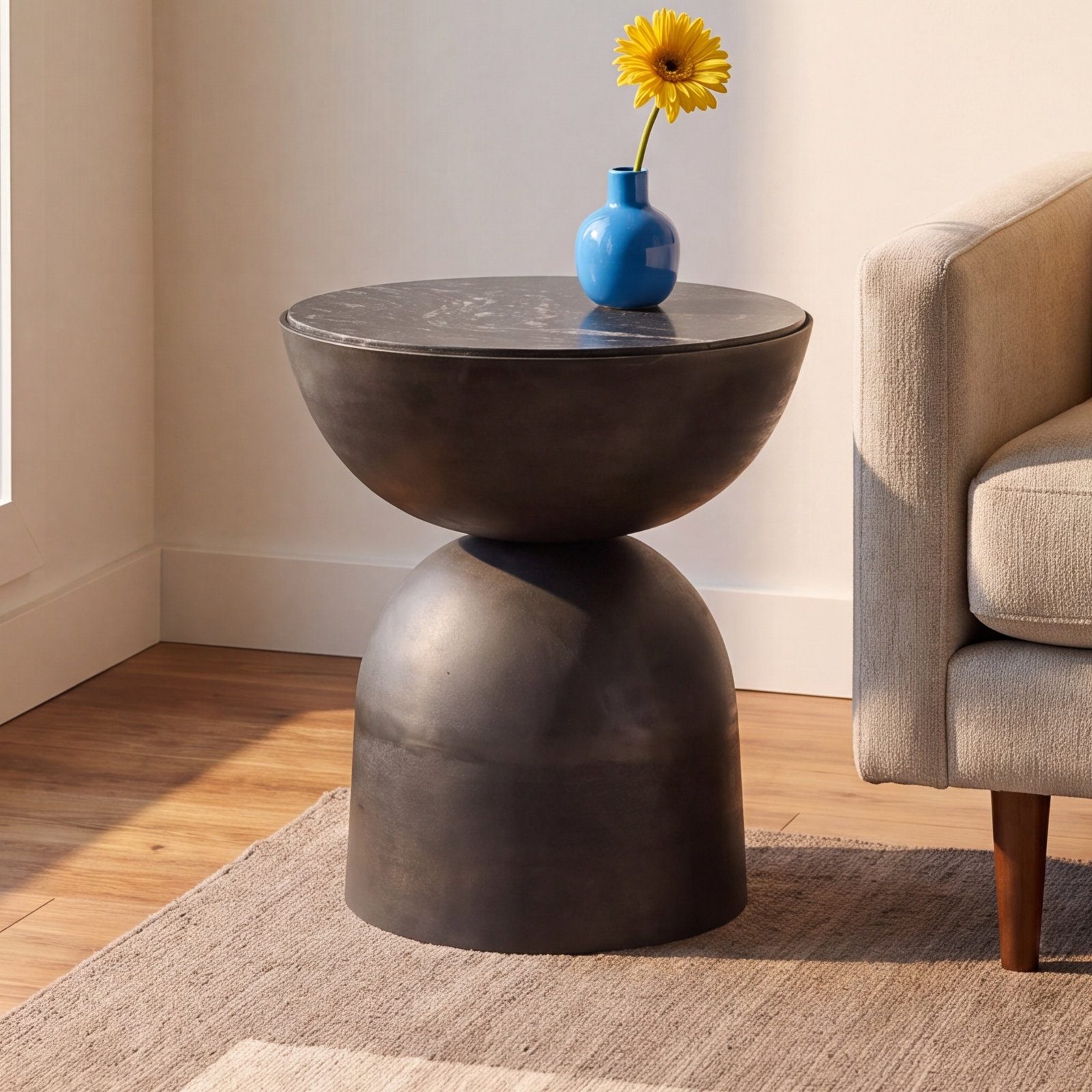 20" Genuine Marble End Table, Black Marble, Hammered Gray