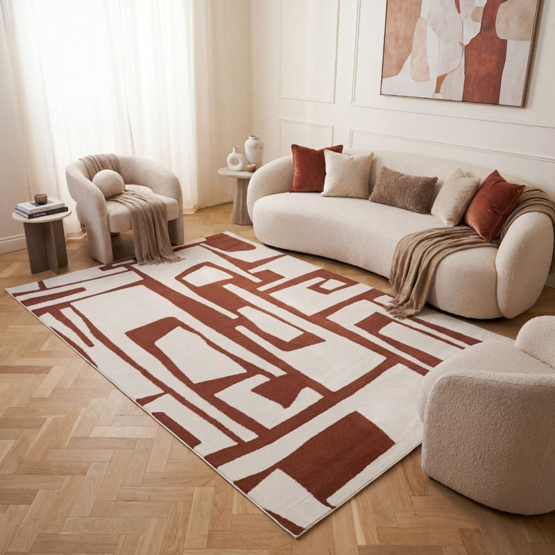 Loft Modern Abstract Living Room Area Rug and Runner Soft Pile, Rectangle 80 x 150 cm, Orange/Ivory