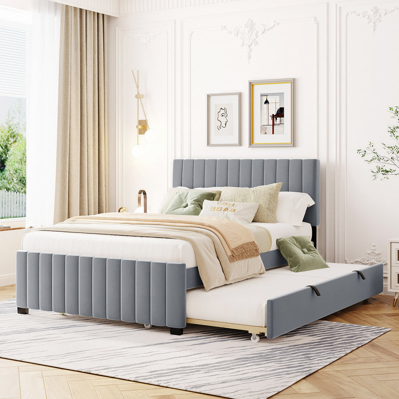 Lit plateforme tapissier en velours avec lit gigogne, Gris