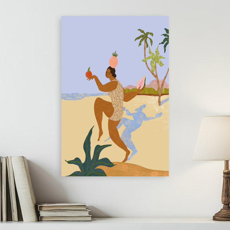 «Balancing Act», impression abstraite de palmiers colorés, océan, 24" H x 16" W