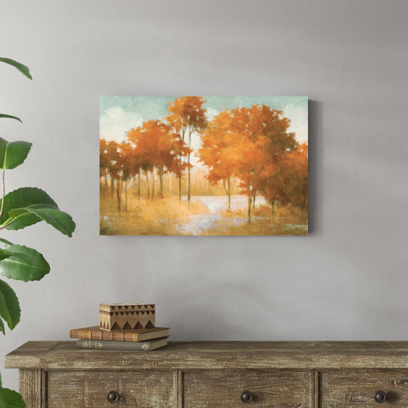 Automne lac orange - peinture sur toile tendue, H 20 po x l 30 po