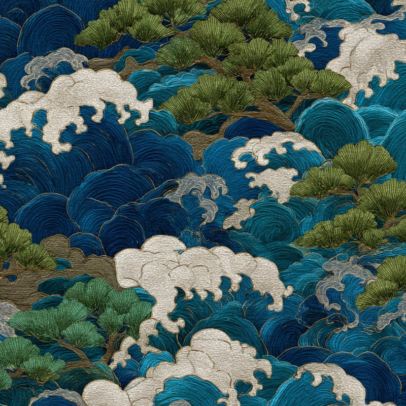 Japanese Wallpaper Waves Pine Trees Decorative Mural