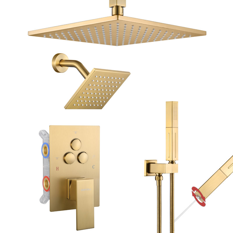Brushed Gold Wall Mounted Shower System with Push Button Diverter