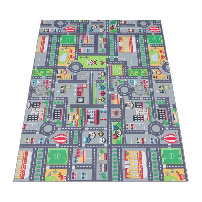 Jacobsen Kids Street with Car Motif Power Loom Grey/Green/Yellow Rug, Rectangle 140cm x 200cm