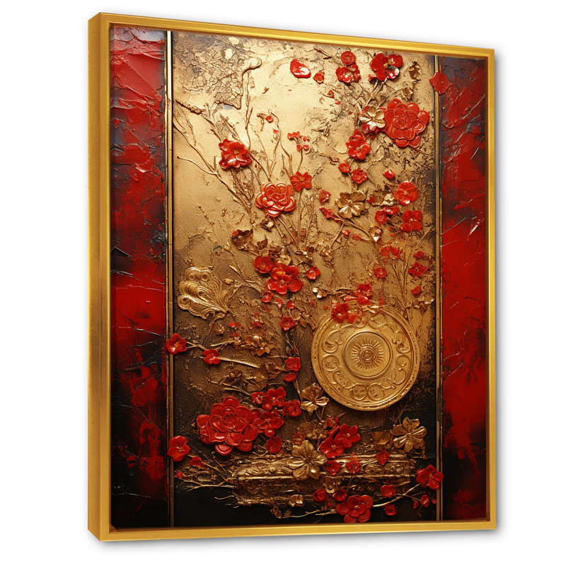 «God and Red Floral Japanese Tiles III - Abstract Botanicals», art mural, Cadre flottant doré, H 44 po x l 34 po x P 1,5 po
