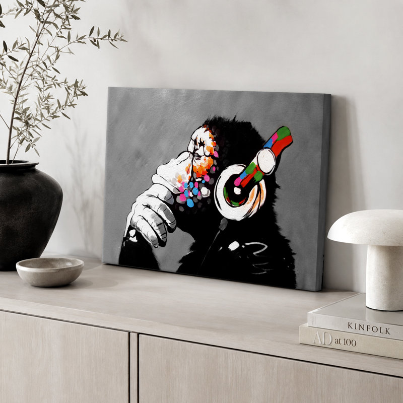 Pop Urban Street "Banksy Thinge Monkey With Head écouters, H 16 po x l 24 po, Toile tendue, Sans cadre