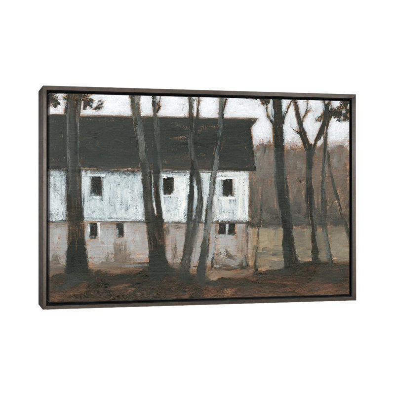 «Autumn Barns I» par Ethan Harper - reproduction d'art, H 32 po x l 48 po x 1,5 po, Toile avec cadre gris, Pas de tapis