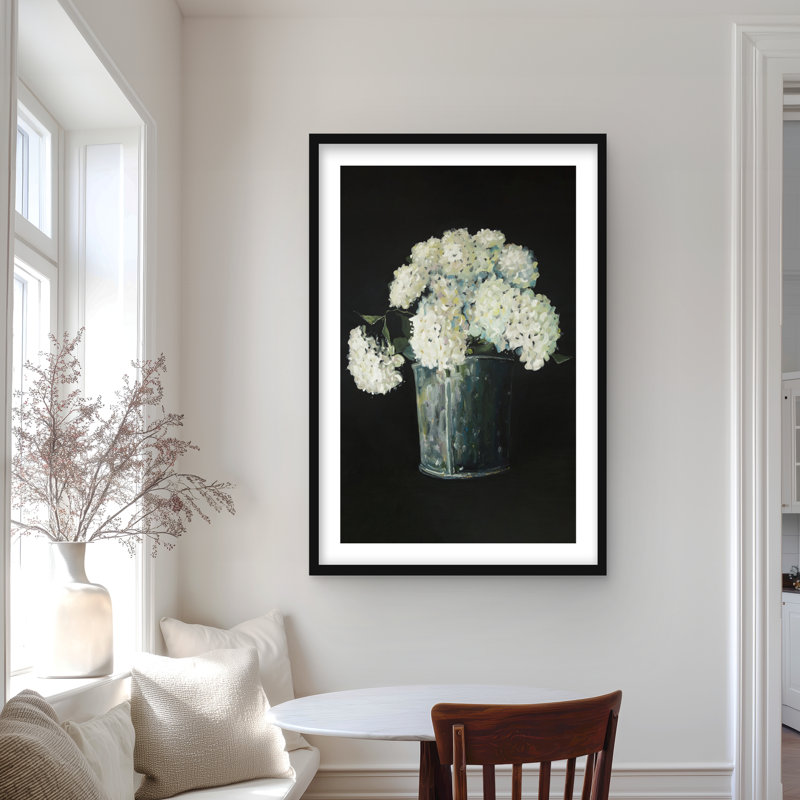 White Hydrangea Flowers Print - Black Framed Home Decor