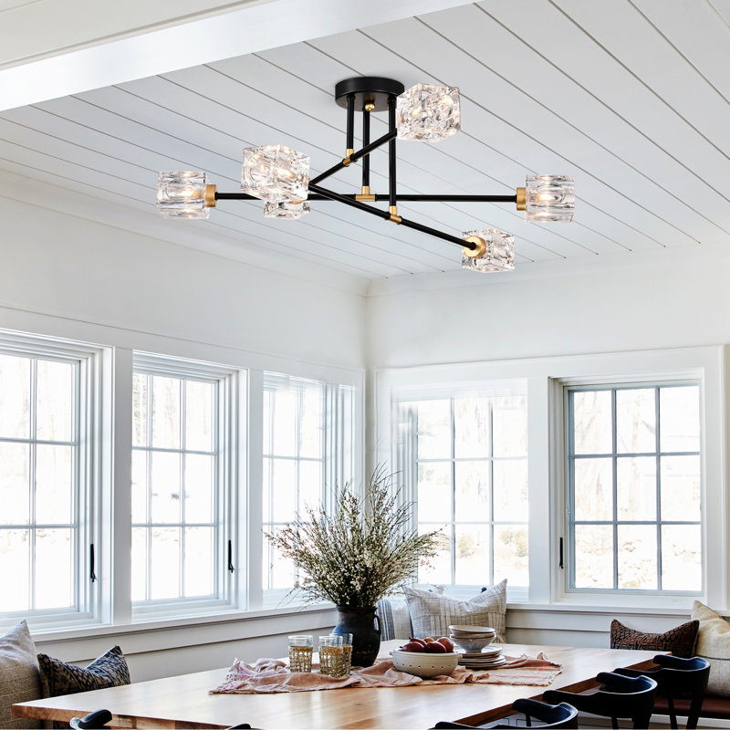 Lustre 6-Light Crystal Flush Mount Chandelier with Polished Metal and Transparent Crystal Shades