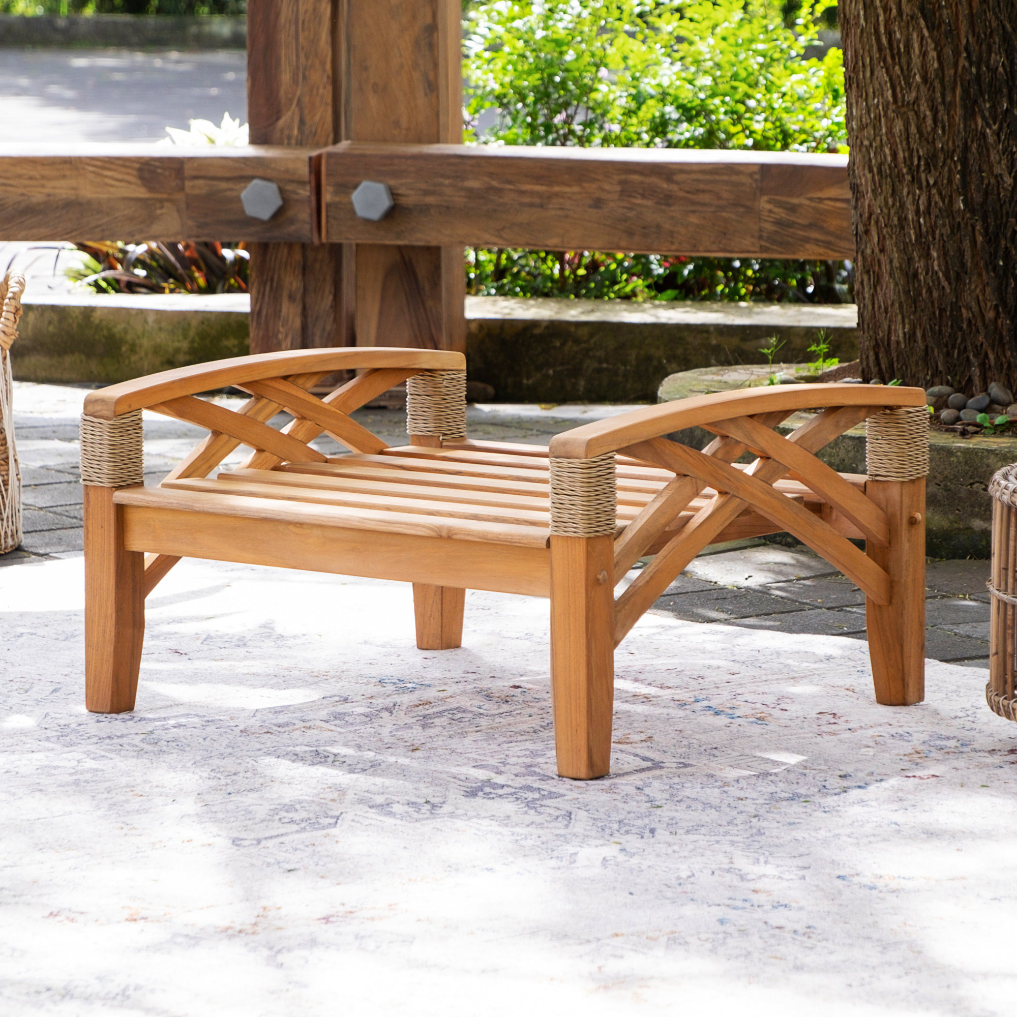 Cotesfield Teak Outdoor Ottoman with Cushion, Tan Performance Basketweave