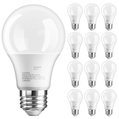 A19 LED Light Bulb, 60 Watt Equivalent, 3000K Warm White, Non‑Dimmable, E26 Base, 12 pack