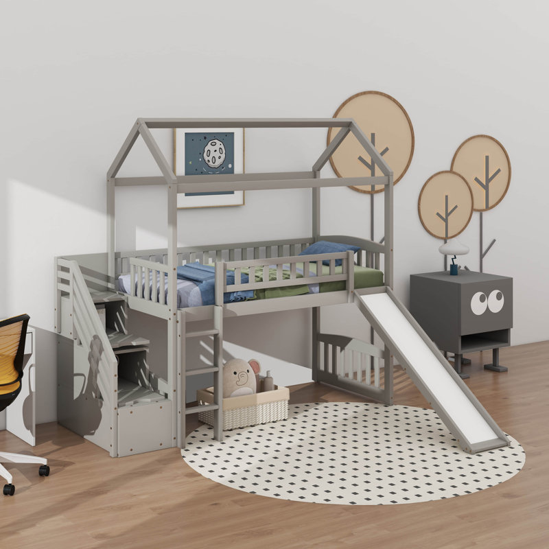 Lit mezzanine simple avec glissade, Gris