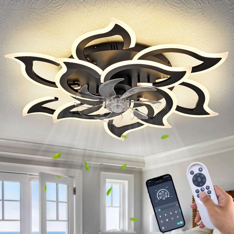 Ventilateur de plafond moderne à DEL avec télécommande, 6 vitesses, minuterie, ultra-silencieux, design floral, plafonnier encastré à intensité variable pour chambre à coucher / salon