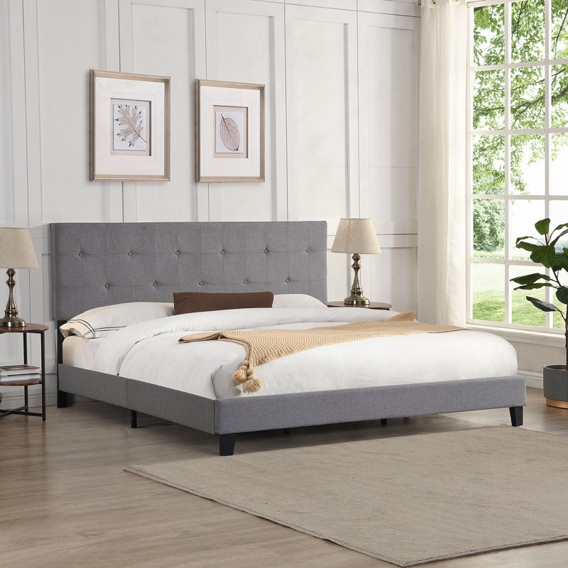 King Size Upholstered Platform Bed Frame, Button - Tufted Linen Headboard, Wood Slat, Gray, Gray, King