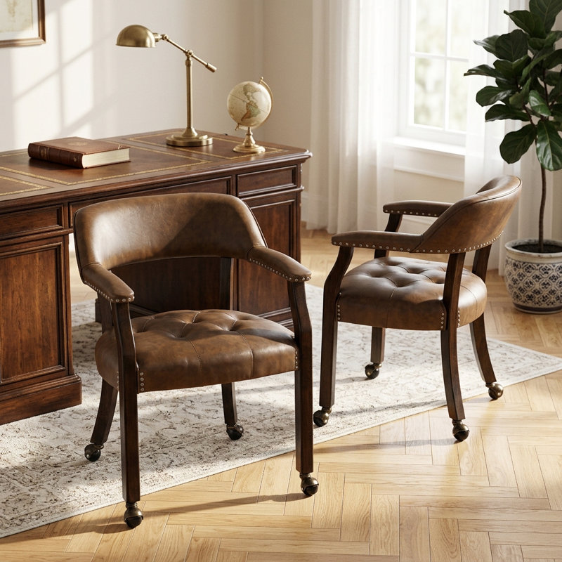 Ensemble de 2 chaises de salle à manger rembourrées de style Mid-Century moderne en bois synthétique avec accoudoirs et roulettes Wexford pour la salle à manger, la cuisine ou le bureau