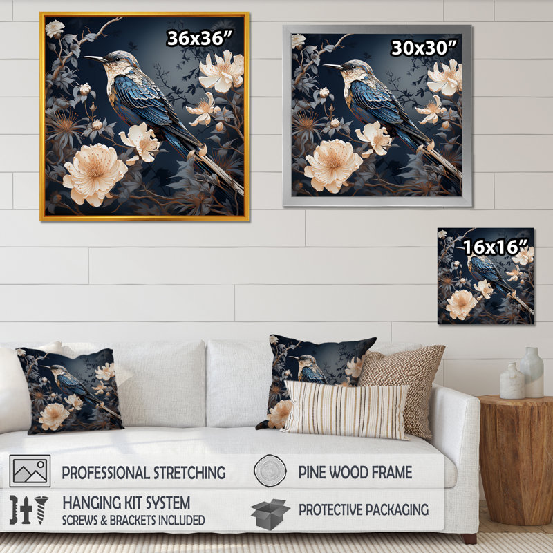 «Midnight Floral Bird Melody 3 - Colibri», art mural, Cadre simple noir, H 36 po x l 36 po x P 1,5 po