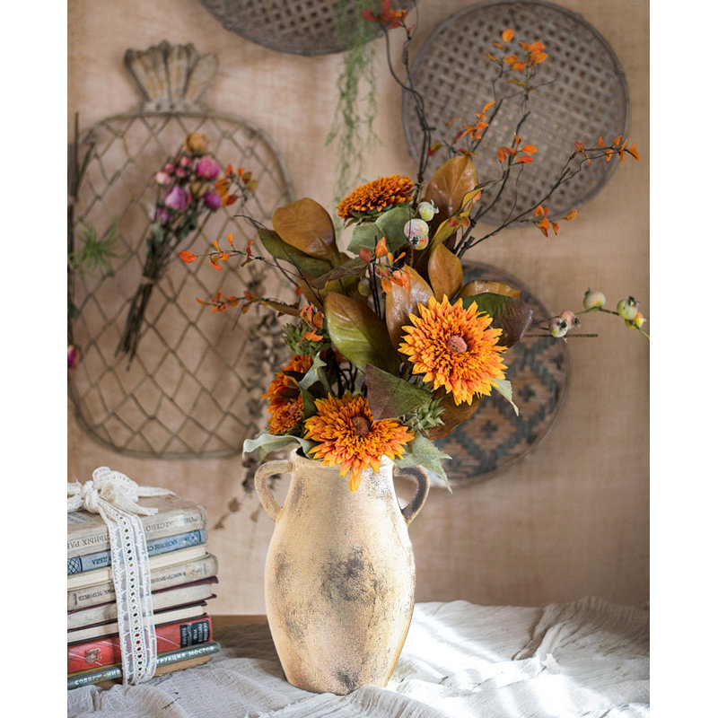 Farmhouse Flower Vase With 2 Handles,Decorative Ceramic Flower Vase For Home Decor, Beige