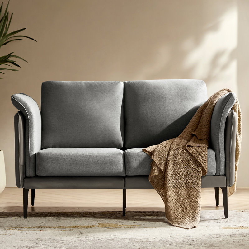 Stringfield 57"W Modern Faux Leather-trimmed Fabric Loveseat, Gray