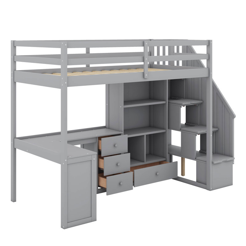 Lit mezzanine simple avec bureau et tiroirs, gris