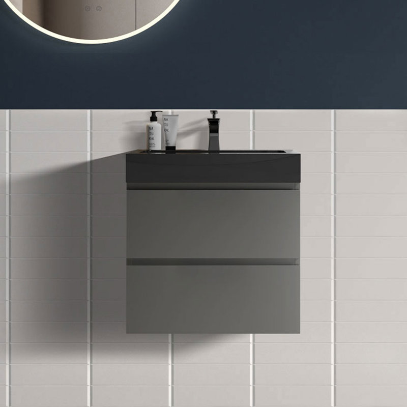 Meuble-lavabo simple mural 24 po avec surface solide avec trop-plein, 24 po, pré-assemblé, Gris espace, Noir mat, 24"