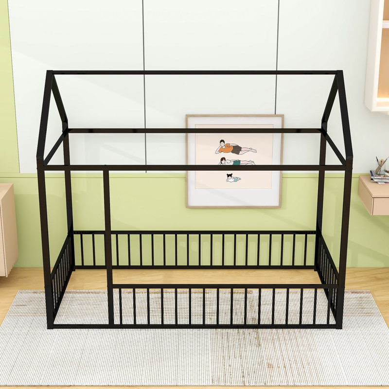 Twin Metal House Bed With Roof And Fence Design, Black