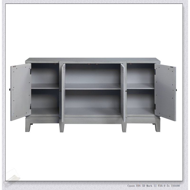 Armoire console au fini gris antique Magdi avec tiroirs et armoires spacieux, parfaite pour les solutions de rangement élégantes.