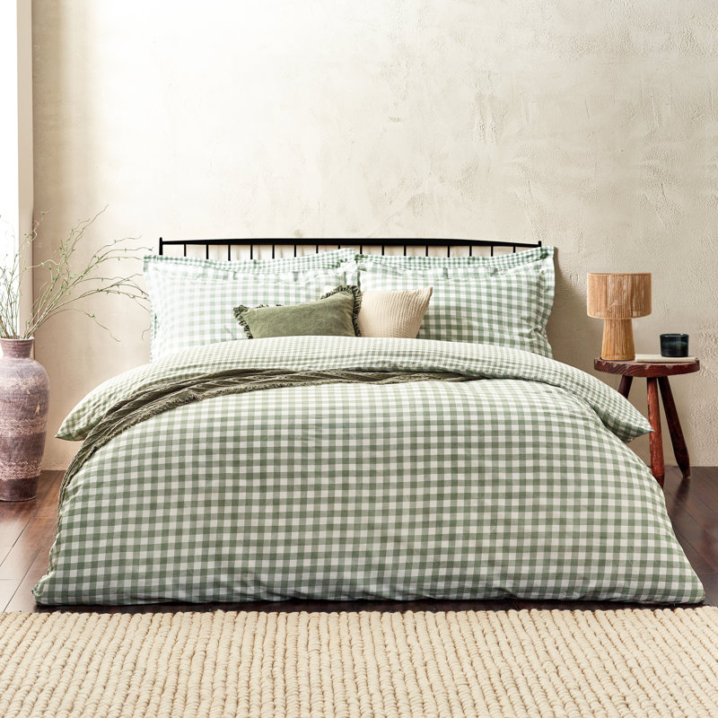 Barton Gingham Check Duvet Cover Set, King Duvet Cover + 2 Standard Pillowcases, Green/White