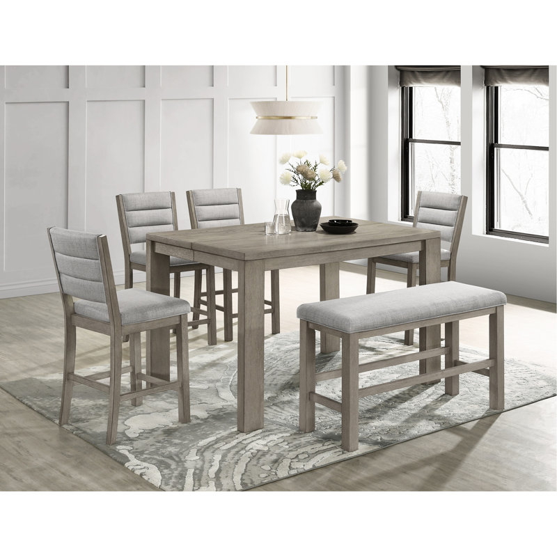 Table de salle à manger carrée rustique brun-gris, rallonge de 18 po, capacité de 8 personnes, gris bois, style contemporain