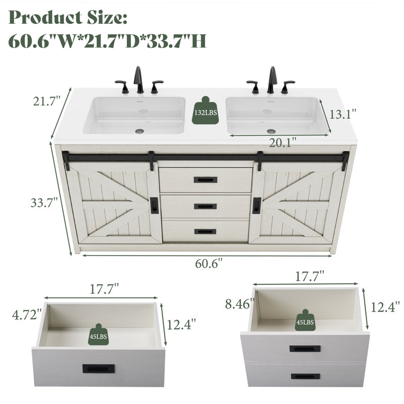 Chimira 60" Farmhouse Double Sink Bathroom Vanity with 2 Drawers & Doors,White, White, 33.7" H x 60" W x 21.7" D