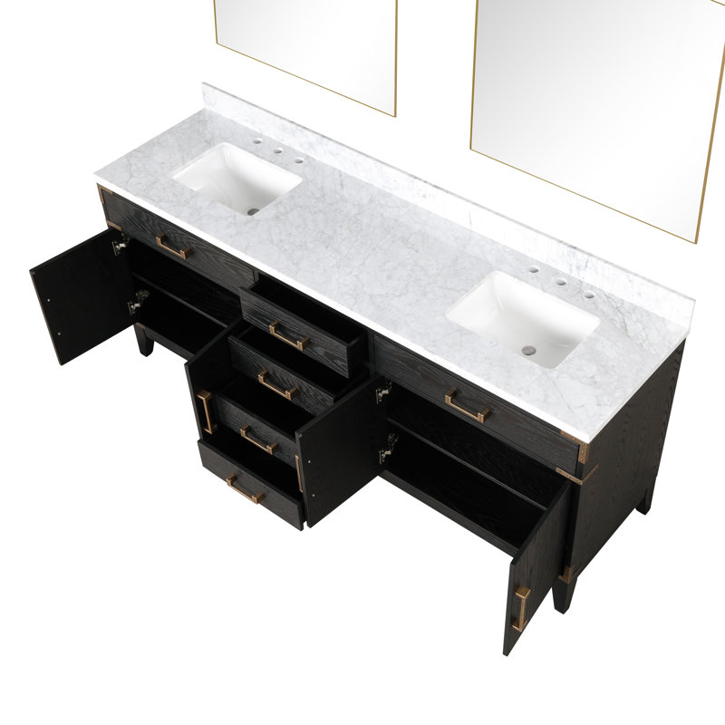 Laurel 80 in W x 22 in D Double Bath Vanity Mirrors, White Carrara Marble, Black Oak