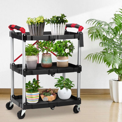 Portable Collapsible 3 Tier Utility Trolley 165 Lbs Heavy Duty Service Cart with Rolling Lockable Wheels for Multi Use
