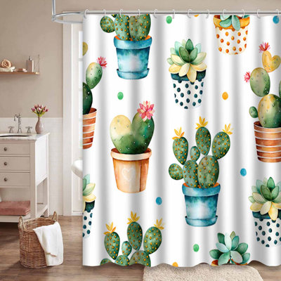 Colorful Watercolor Cactus Succulent High Waterproof Shower Curtain with 12 Hooks
