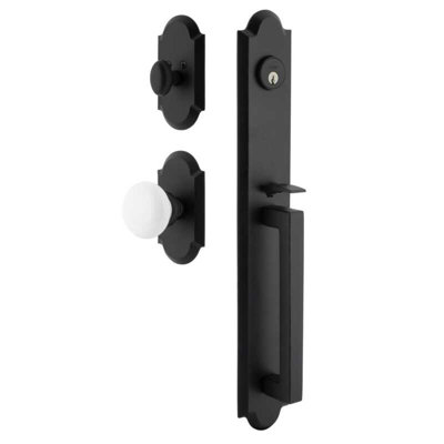 Ageless Iron Dome One-Piece Handleset with D-Grip with Vault Plate and White Snow Porcelain Knob