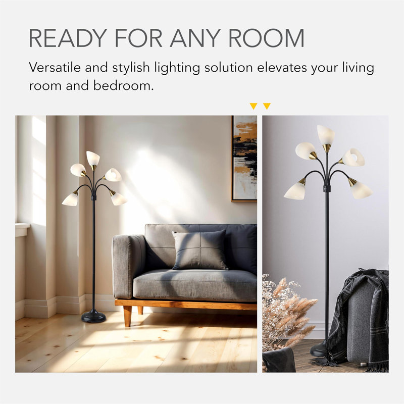Floor Lamp With 5 Movable Shades & Adjustable Brightness – Perfect Lighting For Bedroom Decor, Beauty & Art Studio, Silver