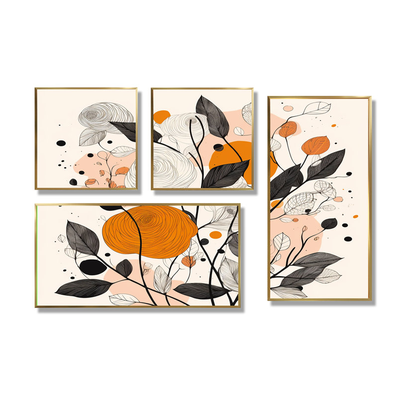 Illustration rétro rétro de fleurs sauvages en terre cuite - art mural moderne 4 pièces, Doré