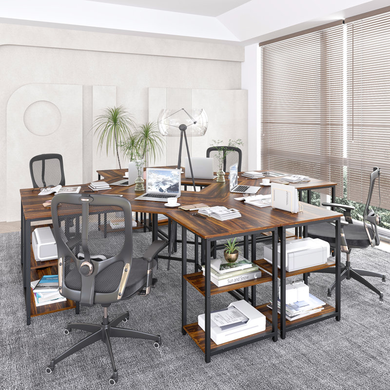 56.9" L Shaped Desk with Shelves Corner Computer Desk Large Table, Teak/Black