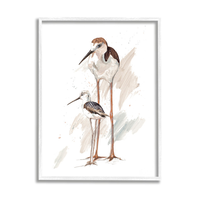 Paire d'oiseaux de rivage sur la plage, peinture d'oiseau tranquille, Patrice Pinto, Giclée encadrée blanc bord de mer