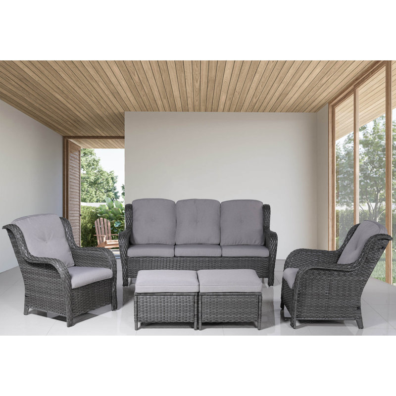 Ensemble de conversation en osier / rotin pour 5 personnes avec coussins Persida, gris