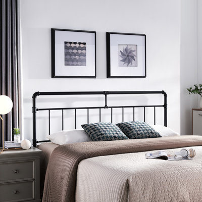 King Size Headboard In Industrial Style, Iron Pipe Frame, Piped , Flat Black Finish, 77.37 Depth Bed Featuring Tube Design, Look, 2.02 Width